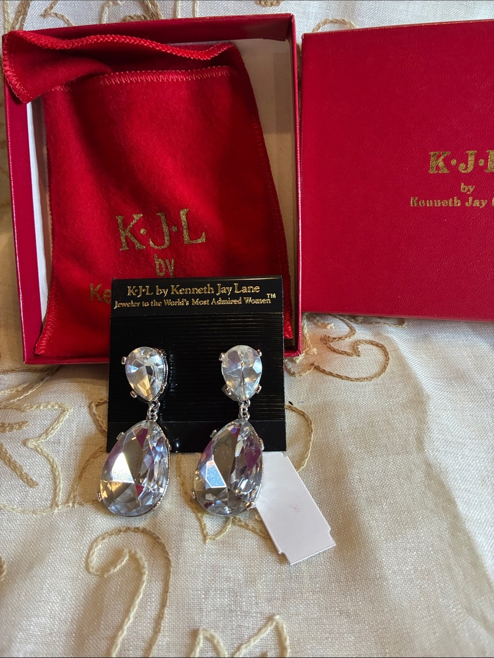 Kenneth Jay Lane Clear Crystal Teardrop Dangle pierced Earrings